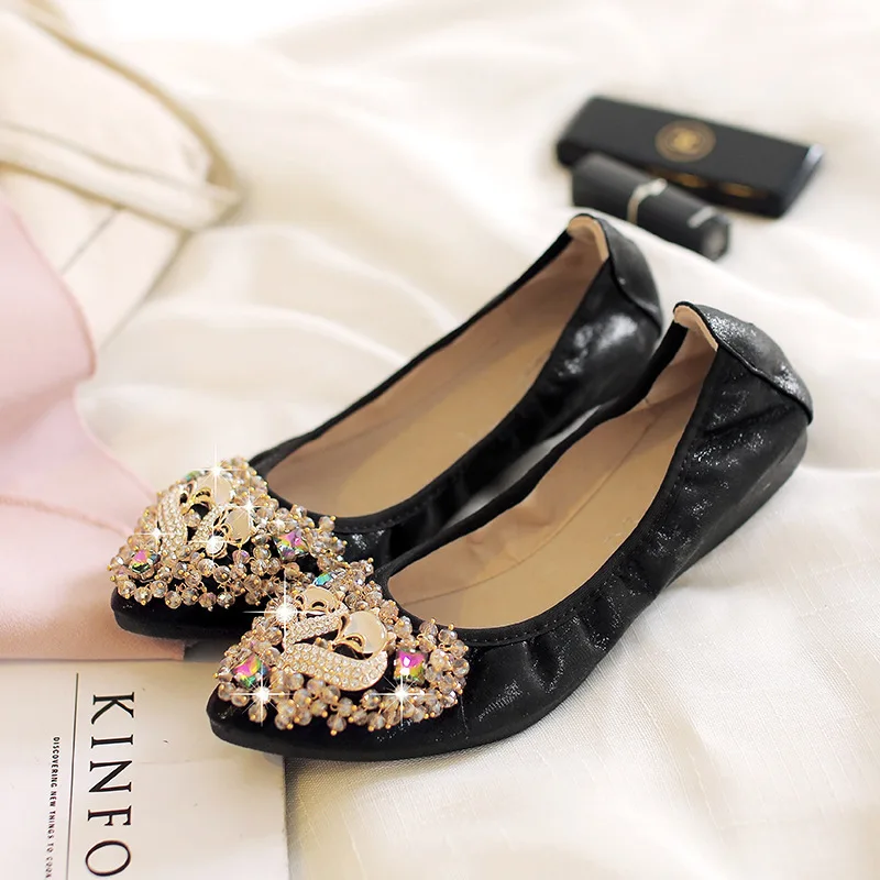 

2019 New Style Man-made Diamond Cone WOMEN'S Shoes Pointed Shallow Mouth Flat Pregnant Women Shoes Large Size Shoe 33-45