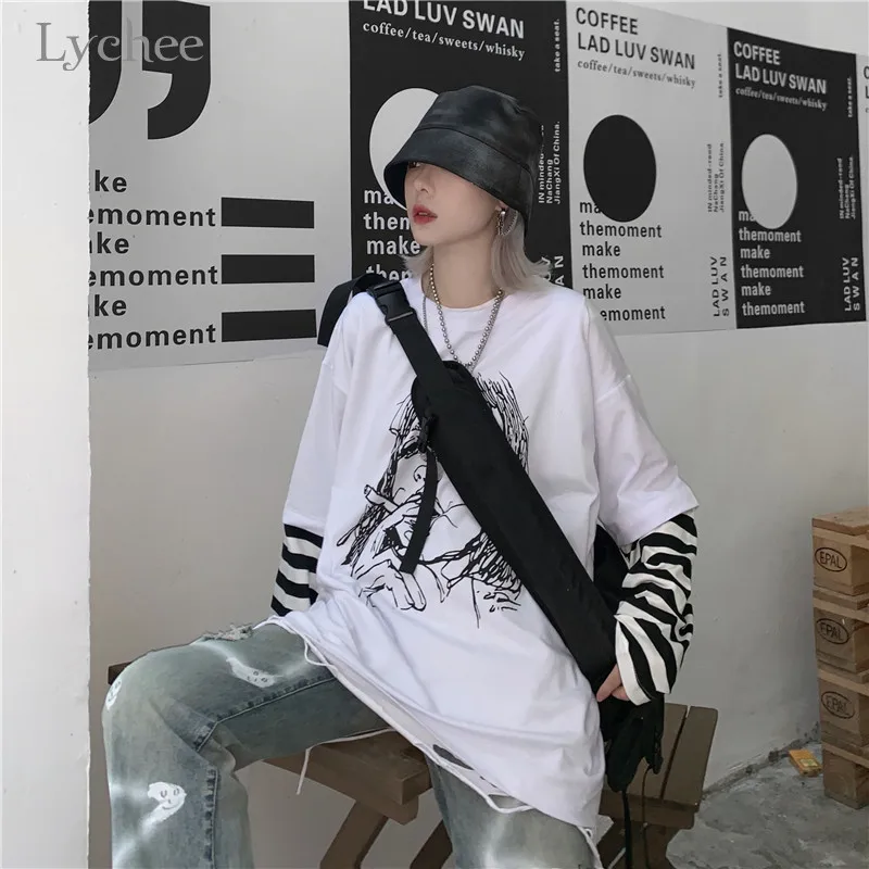 Lychee Harajuku, женская футболка с принтом для девочек, топ, футболка в стиле пэчворк, женские футболки в полоску, 2 предмета, женские футболки, топы, футболки