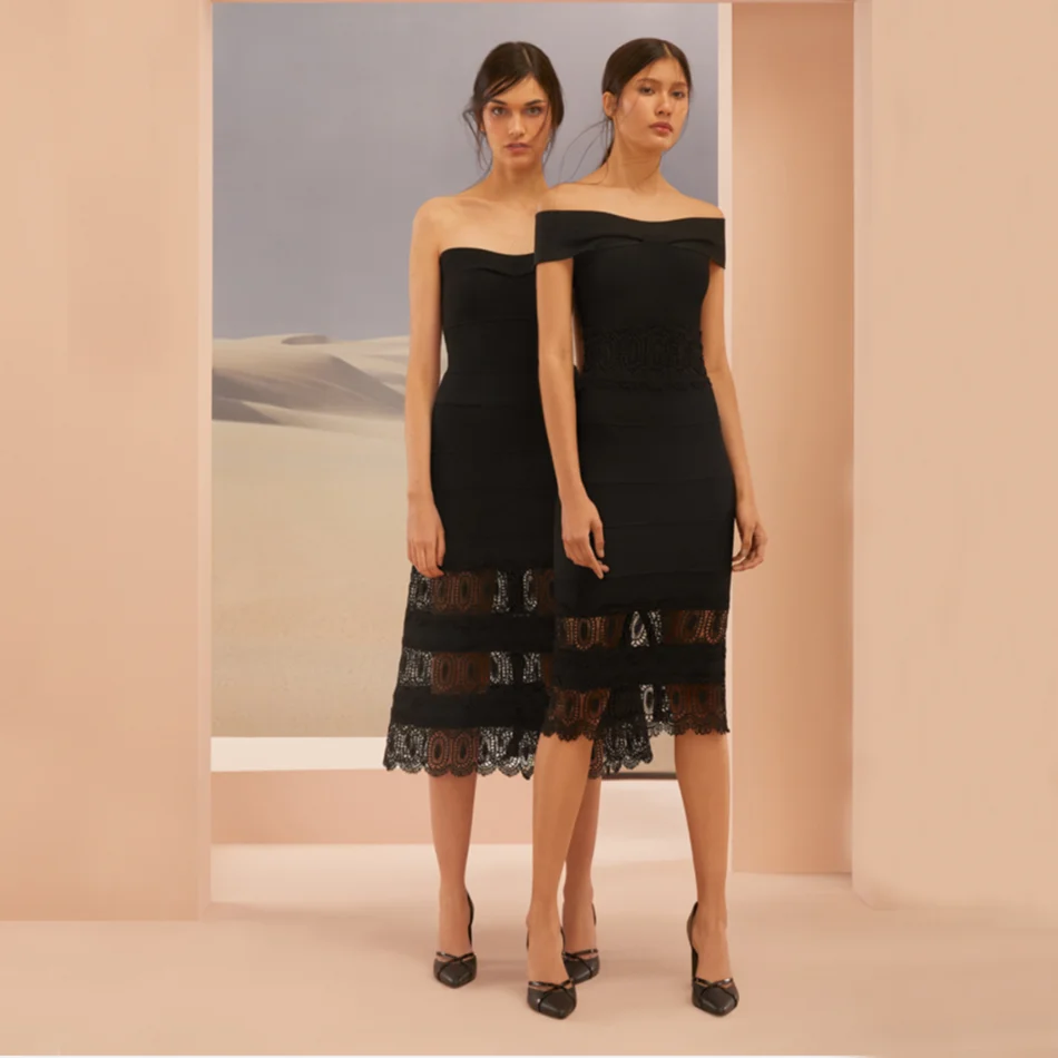 Бандажное черное платье искусственный шелк Женское Vestidos с открытыми плечами