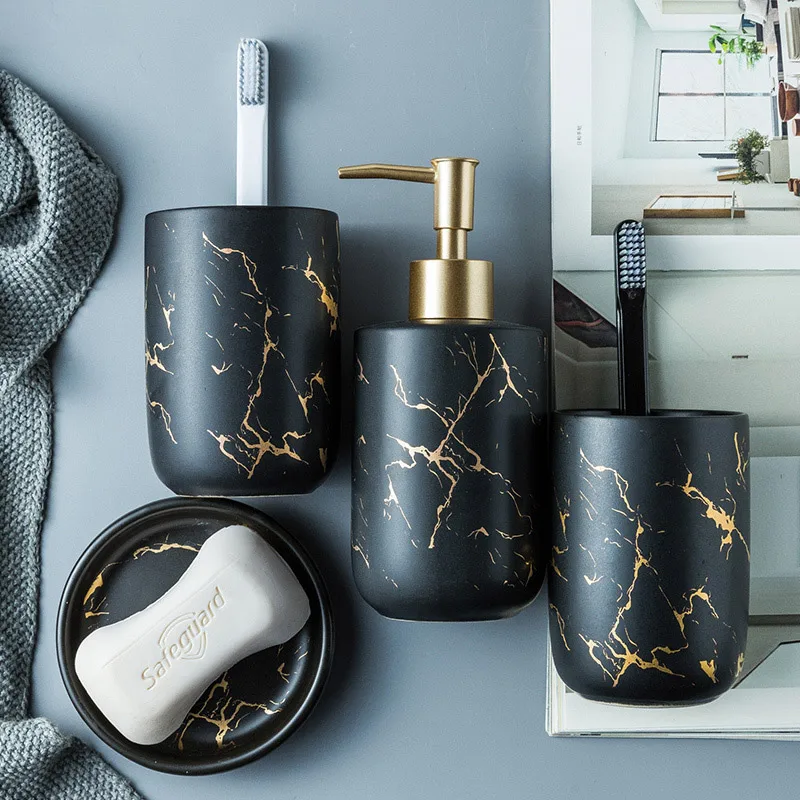 Nordic marble pattern ceramic bathroom accessories set porcelain lotion toothbrush cup soap dish holder set bathroom supplies
