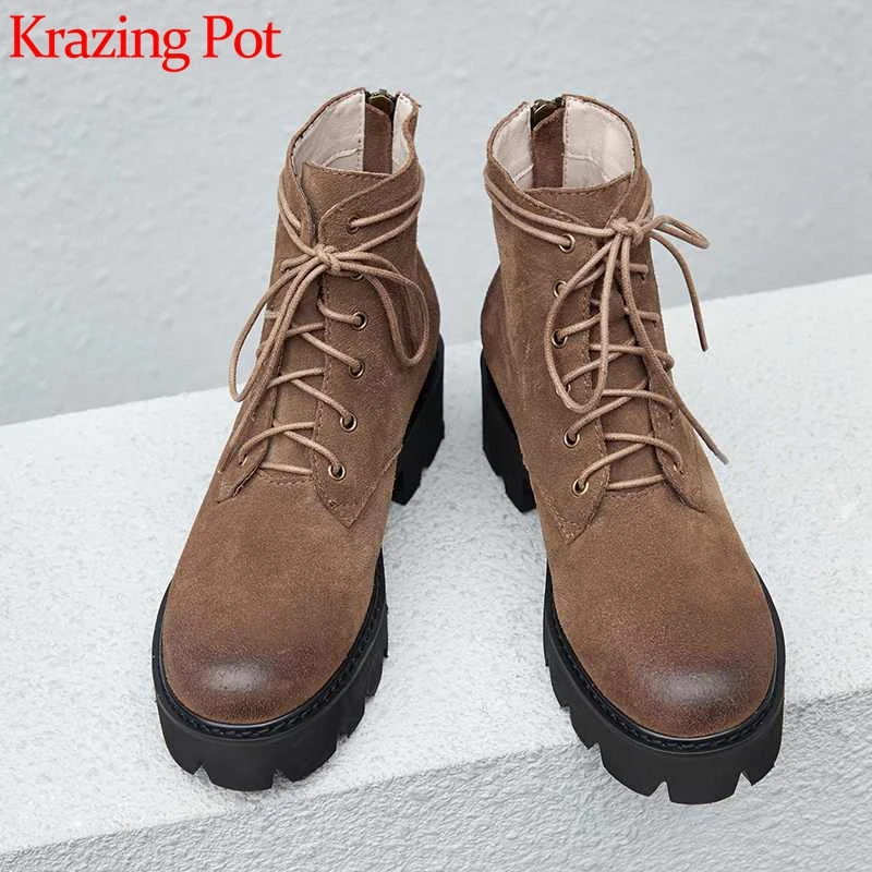 

Krazing Pot simple style basic lace up cow suede ankle boots round toe high heels keep warm winter women fashion cozy shoes L91