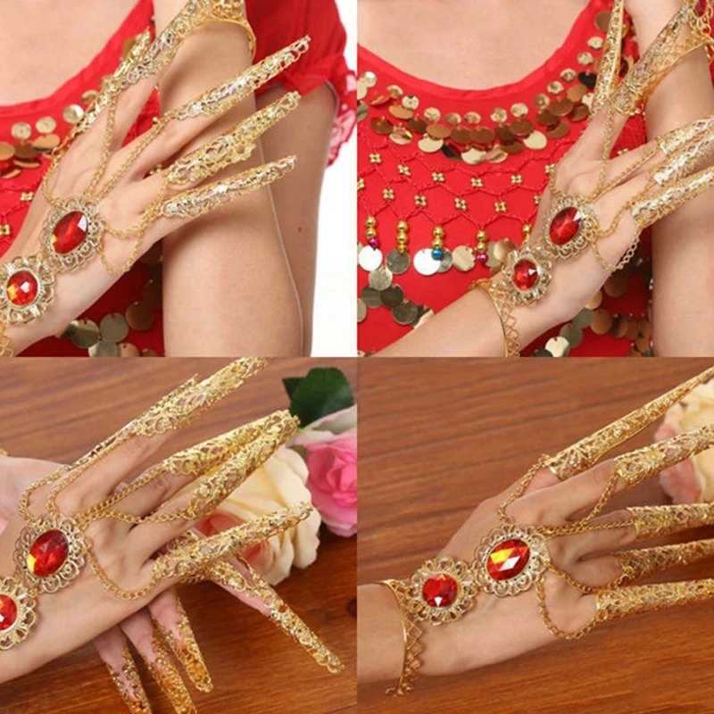 1Pc Vintage Bracelet for Women Girl Red Crystal Pave Bracelets 5Pcs Long Fake Nails Ring for India Thailand Ethnic Dance Jewelry