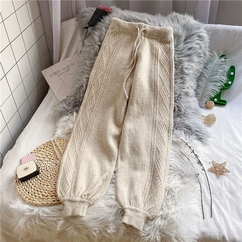 

Women's Wide-leg Pants, Autumn and Winter Knitted Pants, Drawstring Trousers, Loose High Waist, Thin, Casual Harlan Carrot Pants