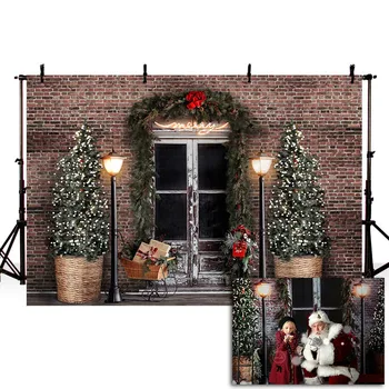 

Mehofond Merry Christmas Backdrop Tree Brick Wall Glitter Light Wood Door Family Party Photography Background Decor Photo Studio