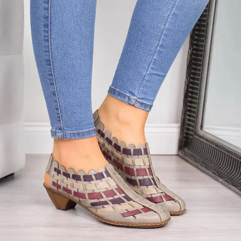 Women Fish Mouth Sandals Open Toe Hollow Out Design Shoes Low Chunky Heel Sandals Ankle Strap Shoes Women Sandals Zapatos Mujer