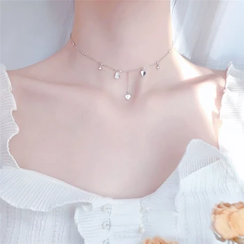 

Sole Memory Shiny Zircon Drop Heart Tassel 925 Sterling Silver Clavicle Chain Female Necklace SNE606