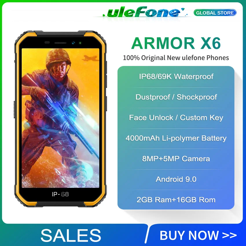 Ulefone Armor X6 IP68 водонепроницаемый смартфон MT6580 Восьмиядерный Android 9 разблокировка лица 2 ГБ 16 ГБ 4000 мАч 3G глобальная Версия Телефона