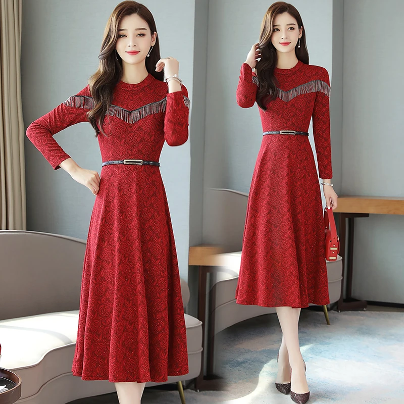 Новые осенние модные элегантные платья женские вечерние тонкие длинные платья с длинными рукавами жаккардовая одежда темно-синий красный