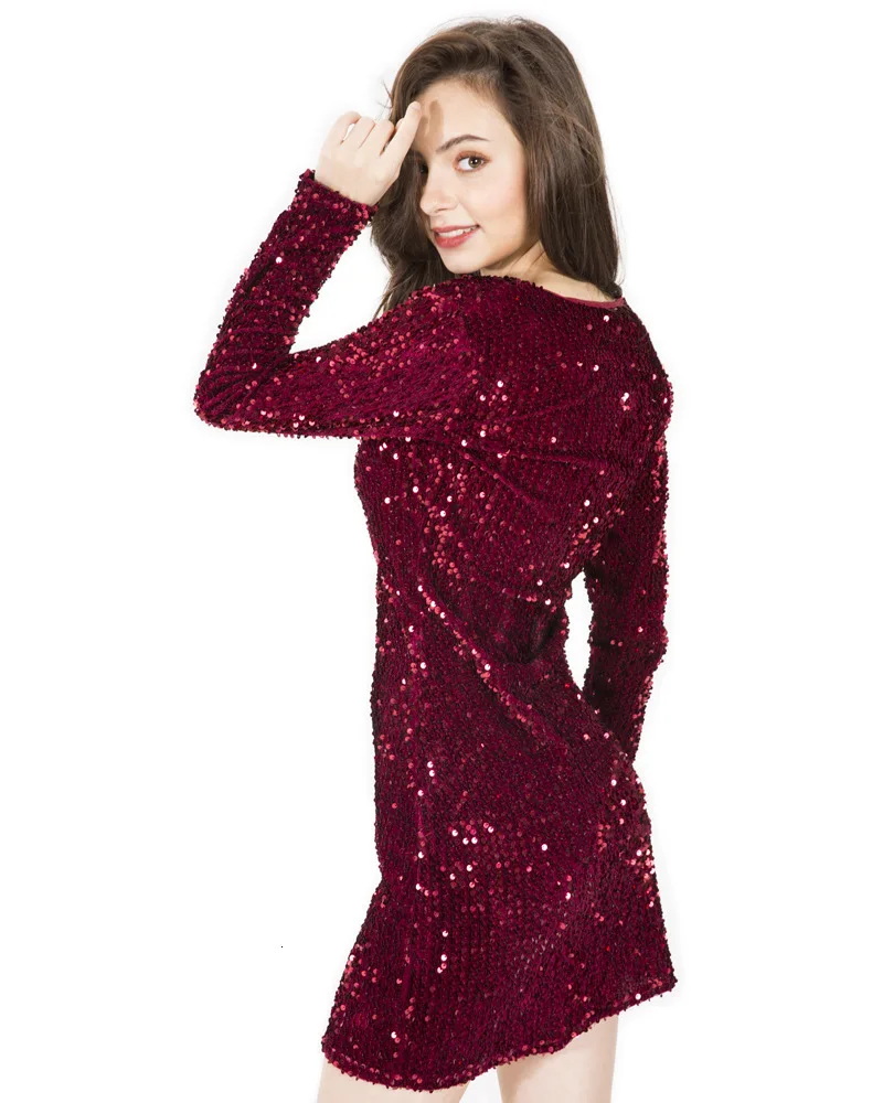 BGW Sequined Mini Cocktail Dresses Sexy Deep V Neck Long Sleeves Robe De Cocktail Paillette