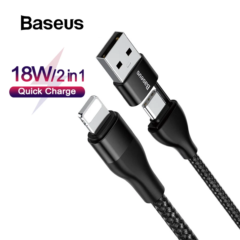 Baseus 2 в 1 usb type C кабель для iPhone 11 Pro Max iPhone Xr 10 Вт Быстрая зарядка USB C кабель type C для iP двойного зарядного устройства провод шнур