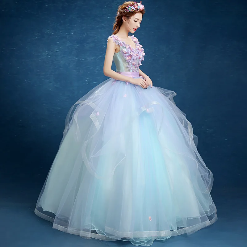 Бальное платье светло голубое с цветочным принтом платья для Quinceanera милое 16 15