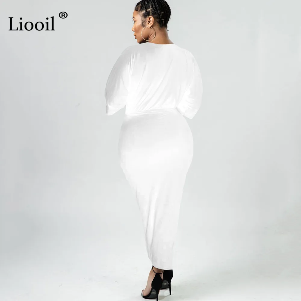 Liooil, сексуальное, с рюшами, облегающее, миди платье, женское, семь четверти, рукав, v-образный вырез, черный, белый, неровный подол, обтягивающее, для ночного клуба, вечерние платья