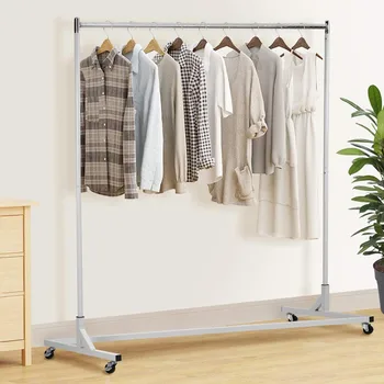 

Stainless Steel Adjustable Rolling Clothes Hanger Coat Rack Floor Hanger Storage Clothing Drying Racks With Shoe Rack & Wheels