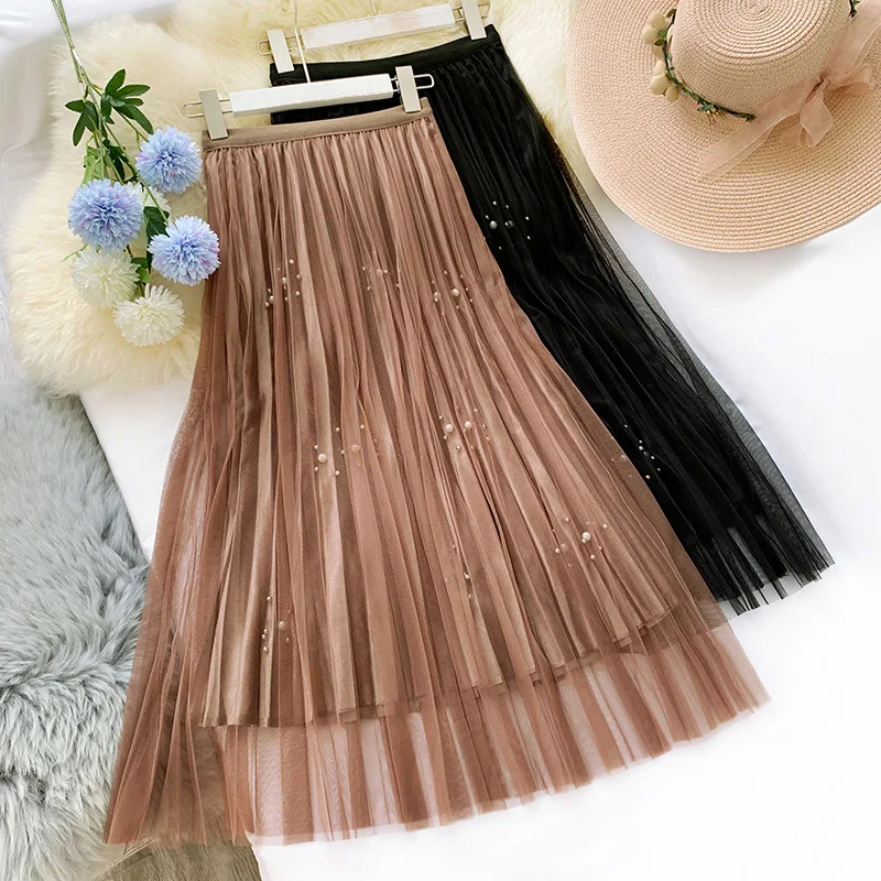 Wasteheart Winter Gray Women Skirt High Waist Beading Ankle Length Skirt Mesh Clothing All-match Empire Sweet Pleated Skirts