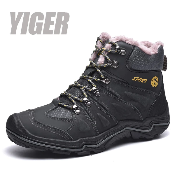 gray with fur boots YIGER/Новые мужские зимние ботинки мужские повседневные ботинки зимние теплые ботинки из натуральной кожи, большие размеры, мужские походные Нескользящие хлопковые ботинки 409 - Цвет: gray with fur boots