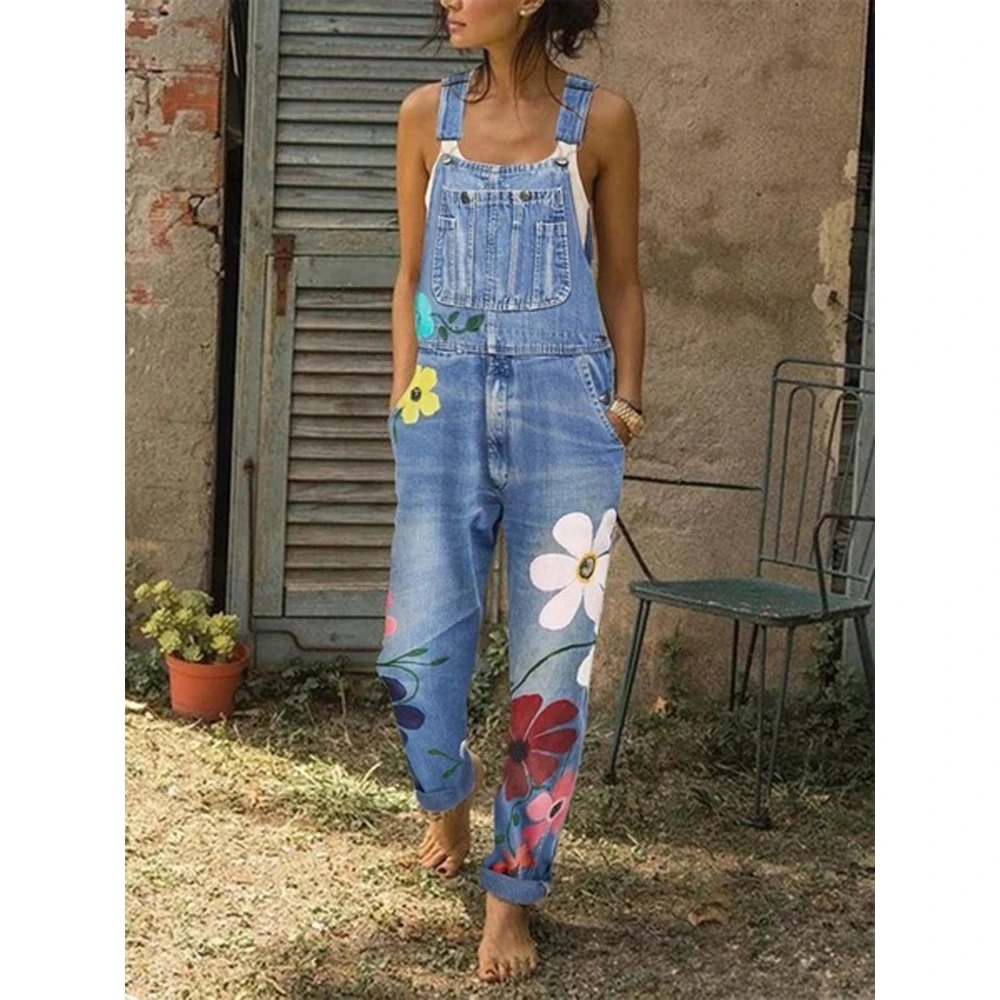 

Overalls For Women Rompers Printing Flower Womenâ€™s Classic Cargo Style Jumpsuit Overall Fashion Slim Long Denim Casual Trousers