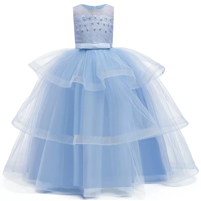 Детские платья для девочек-подростков на свадебную вечеринку; торжественное длинное платье с бусинами и цветами для девочек; детское рождественское платье - Цвет: sky blue