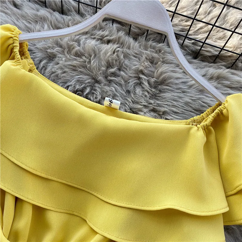 SINGRAIN Summer Women Off Shoulder Dress Bohemian Romantic Ruffle Sundress Party Holiday A-Line Retro Solid Chiffon Beach Dress