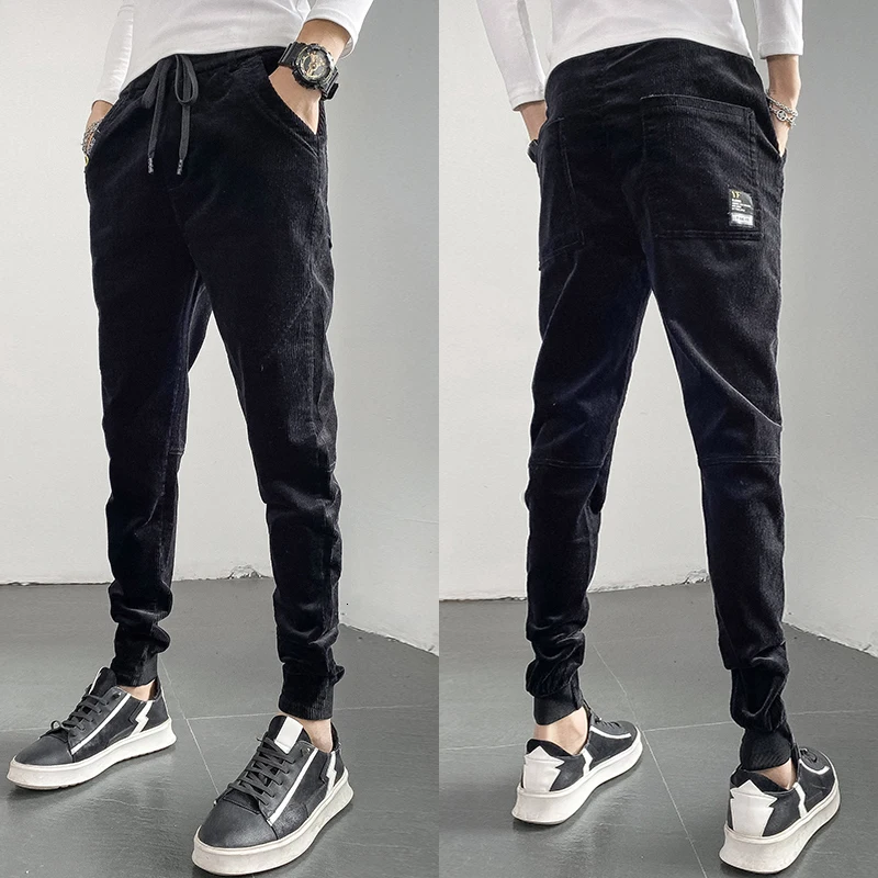 

2019 autumn and winter new casual Long pants men's Korean version trend elastic wild corduroy cotton Striped Black Yellow