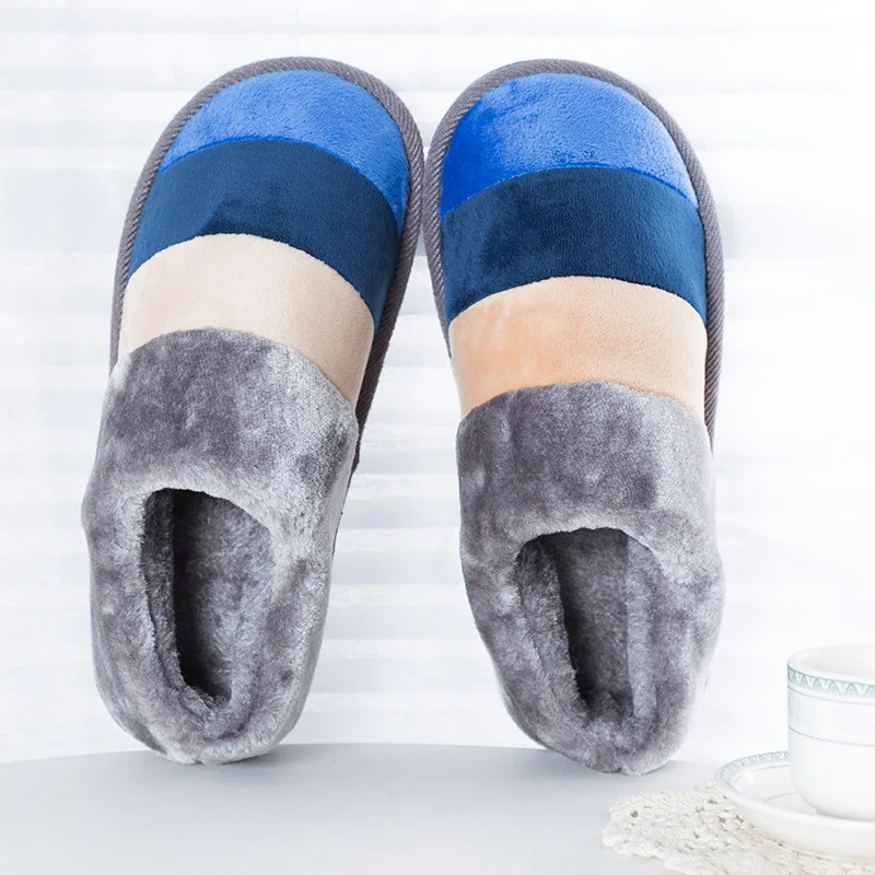 Winter Color Striped Wool Slippers Couple Home Thick Warm Men and Women Cotton Slippers House Slippers Cute Plush Women Shoes