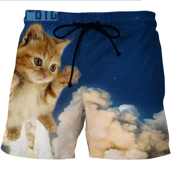 

Digital Printing Men's Quick-drying Short Shorts on the Beach Lovely Kitten Printed Shorts with Side Pockets for Leisure