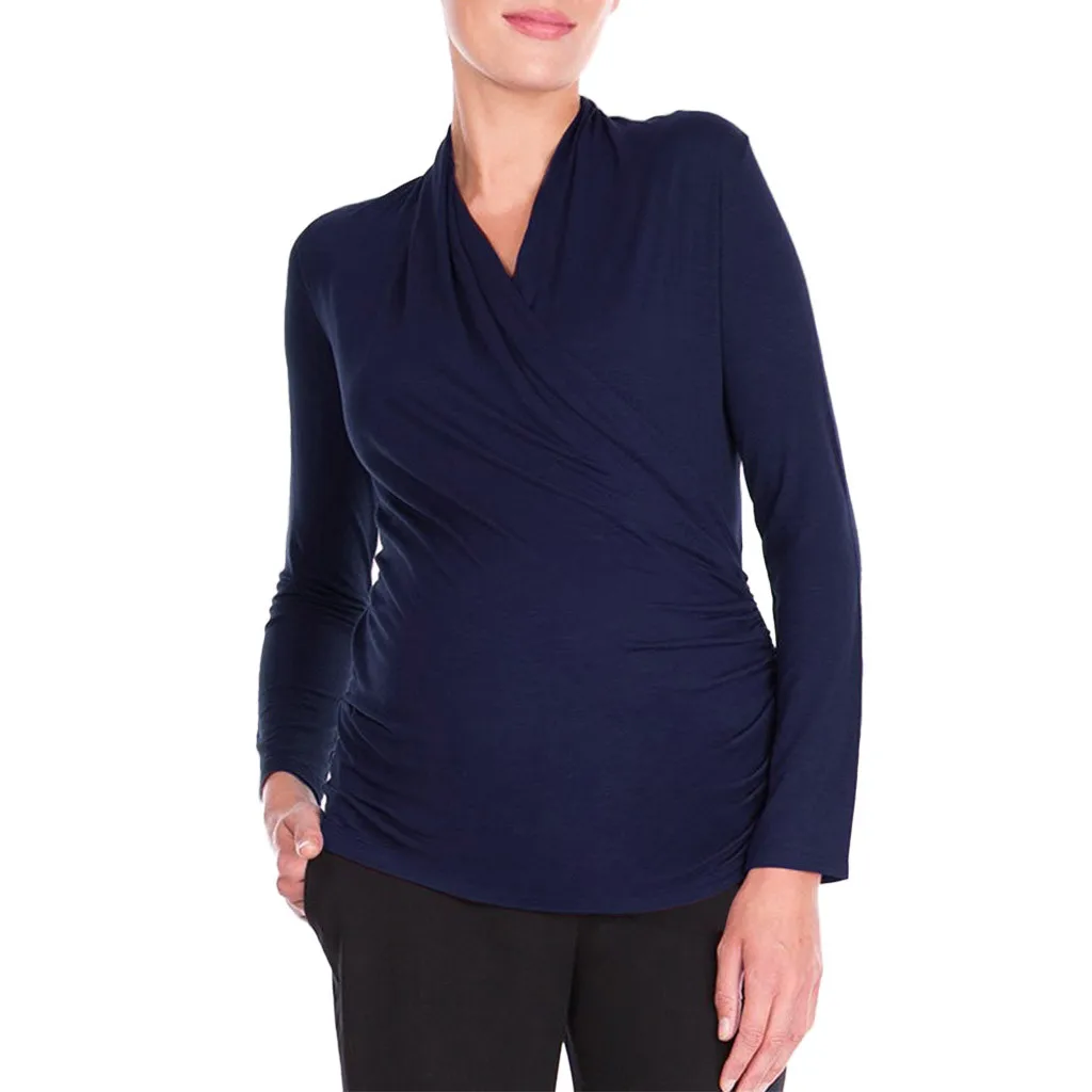 Dark Blue Одежда для беременных; модная однотонная блузка с v-образным вырезом и длинными рукавами и оборками для беременных; топы; футболка; Одежда для беременных - Цвет: Dark Blue