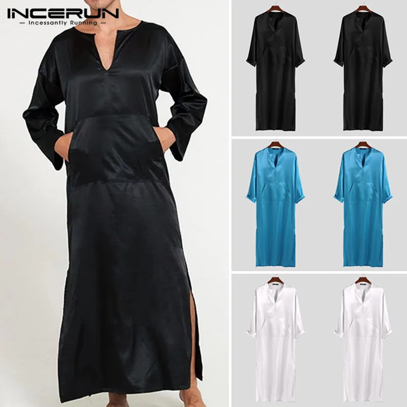 INCERUN, мужские халаты, ночная рубашка из искусственного шелка и атласа, одноцветная пижама с длинным рукавом, v-образным вырезом и карманами
