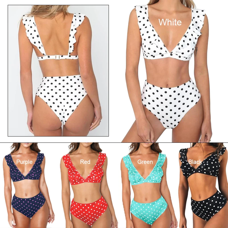 Купальник с оборками, с высоким разрезом, в черно-белый горошек, полиэстер, модный, сексуальный, для пляжа, для женщин, для плавания, для девушек, с разрезом, пляжная одежда