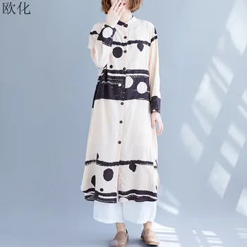 

Plus Size Women Blouse Shirt Big Size Long Sleeve Summer Loose Tops Tunic Oversize Polka Dot Cotton Linen Long Shirt Dress 2020