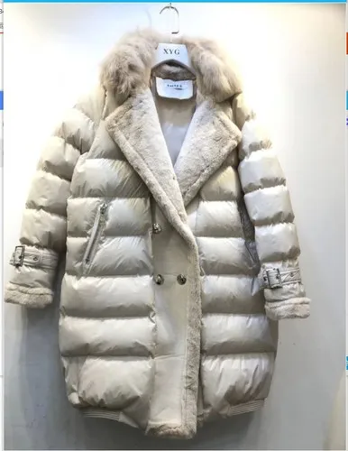Apricot Зимняя длинная парка, пальто, новое женское Европейское большое теплое пуховое пальто с меховым воротником и хлопковой подкладкой, Женская куртка-парка - Цвет: Apricot
