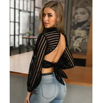 

Pre-Autumn Women Sexy See-through Sheer Lace Transparent Black Striped High Turtle Neck Long Sleeve Backless Tops Shirts Blouse