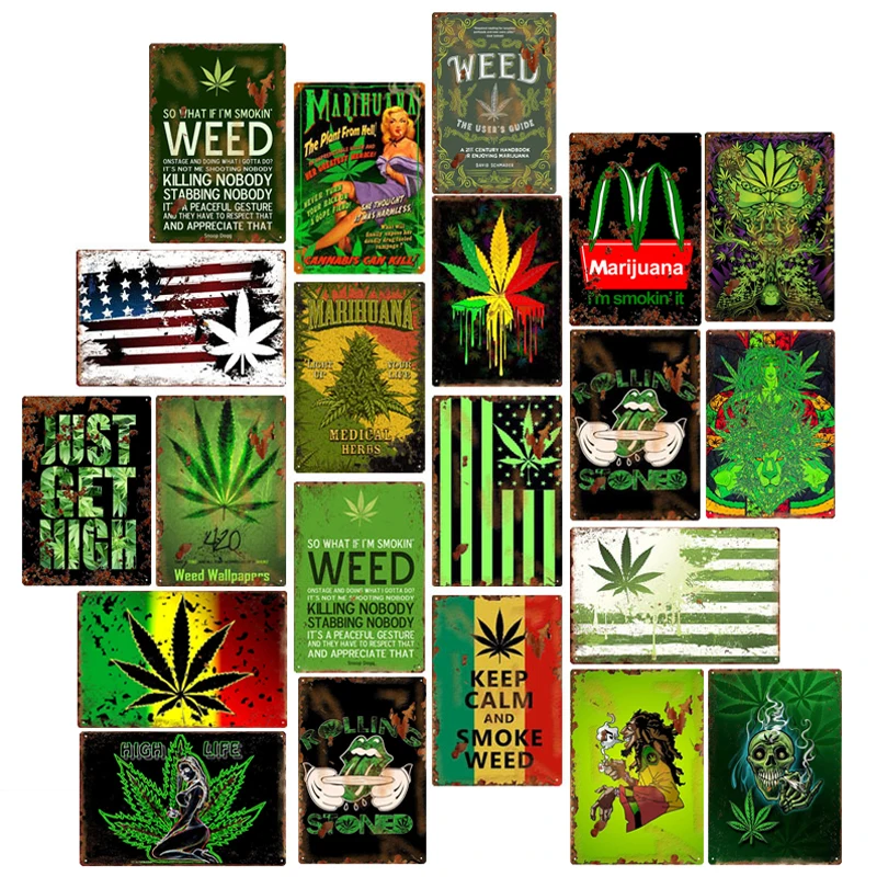 

Green Grass Graffiti Painting Tin Sign Keep Calm Smoke Weed Warning Signs Vintage Metal Plaques Wall Decor For Bar Pub Garage