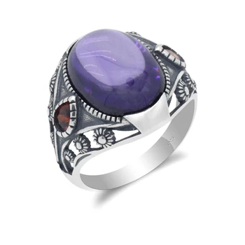 

S925 Sterling Silver Purple Agate Stone Women Ring with Red CZ Elegant Vintage Onyx Finger Rings for Men Female Fine Jewelry