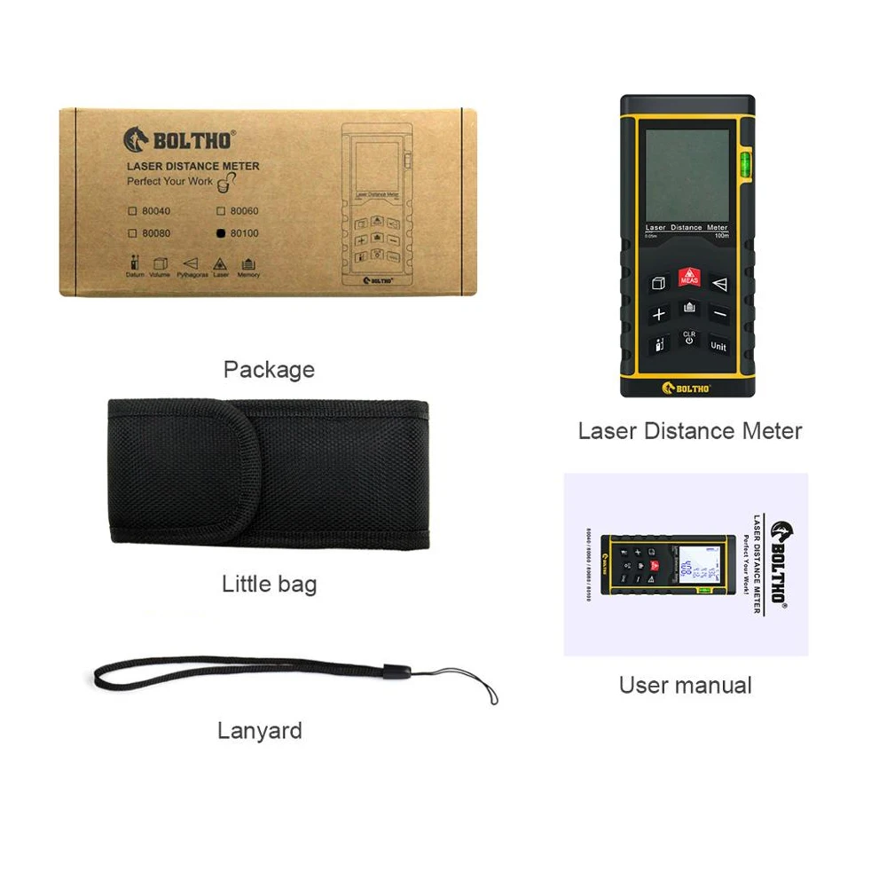 Лазерный дальномер 328Ft/100 M/In/Ft с пузырьковым уровнем, BOLTHO дальность, площадь и объем, по пифагору