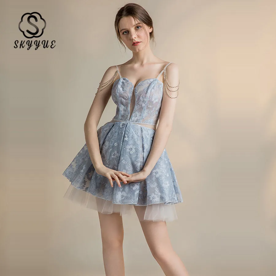 Skyyue коктейльное платье, сексуальное мини коктейльное платье на бретельках,, глубокий v-образный вырез, открытая спина, Vestidos De Coctel, с блестками, перспективное платье H126