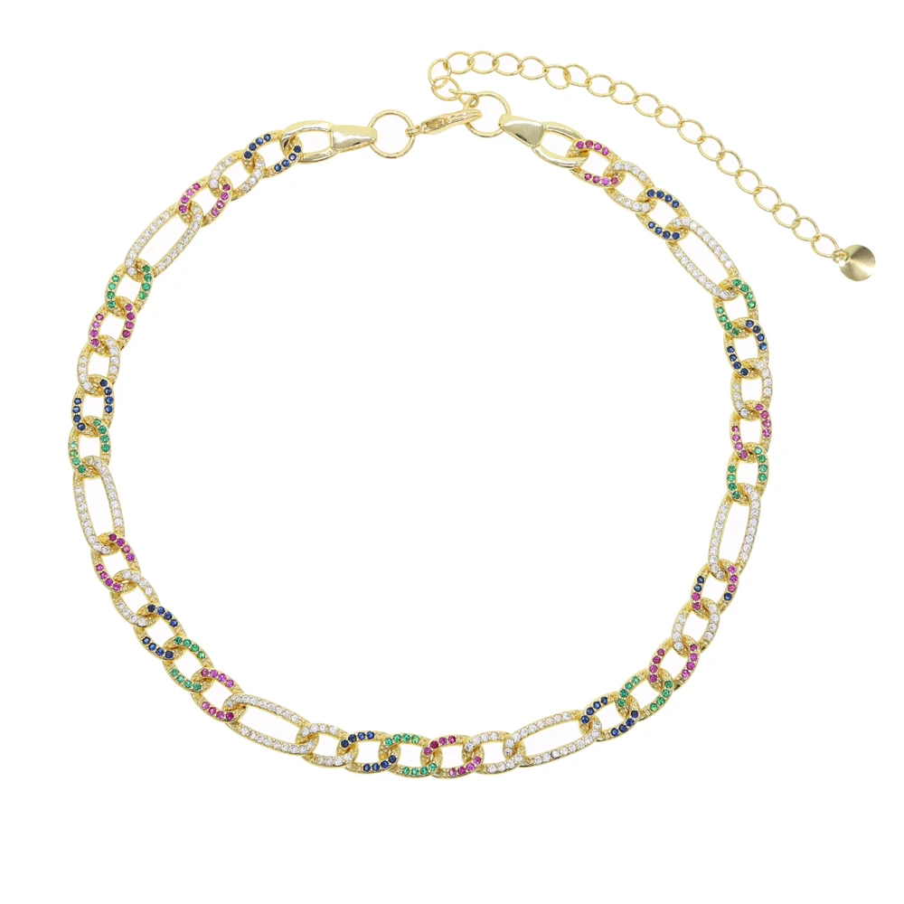 gold rainbow cz Цветное колье для девушек и женщин, ювелирное изделие, микро ПАВЕ, белая радуга, cz, Майями, кубинская цепочка, женское колье, чокер, ювелирные изделия в стиле хип-хоп - Окраска металла: gold rainbow cz