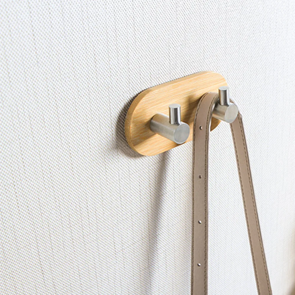 Adhesive Natural Bamboo Stainless Steel Hook Wall Clothes Bag Headphone Key Hanger Kitchen Bathroom Door Towel Rustproof Y1