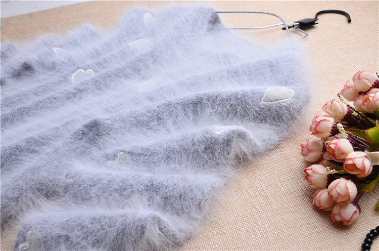 Женский Однотонный свитер, зимний джемпер с круглым вырезом и длинным рукавом, пуловер из норки и кашемира, вышитый свитер из меха Ангоры и кролика