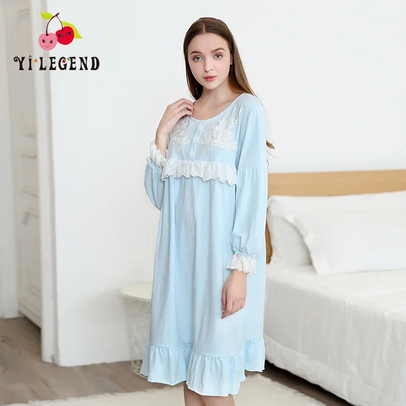 

Japanese-style Modal Pajamas Female Spring Summer Long Sleeve Embroidered Sweet Princess Tracksuit Nightgown Flounced Dress