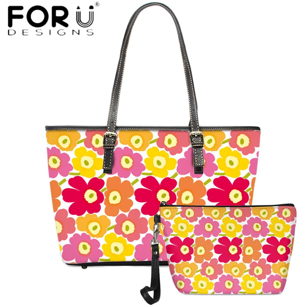 

FORUDESIGNS New Arrival 2pcs Set Women Totes Bag Colorful Poppy Floral Printing Lady Top-Handle Bag Party Fashion Shoulder Sac