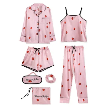 

Pink Striped Pajamas Faux Silk Satin Femme Pajama Set 7 Pcs Female Lingerie Sexy Women Sleepwear Sleeping Clothes Night Suit