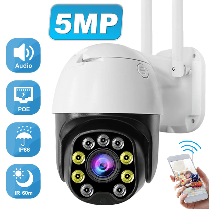 Cámara de vigilancia con Wifi para exteriores, videocámara de vigilancia de 5MP, IP, Wifi, 360, Camhi
