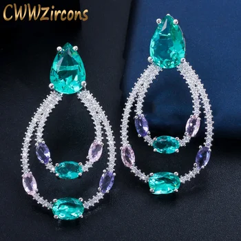 

CWWZircons Designer Double Circle Drop Light Blue Cubic Zirconia Crystal Dangle Earrings Trendy Female Party Jewelry Gift CZ703