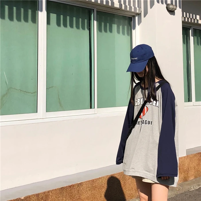 Модная футболка Femme осенние женские топы с длинными рукавами Harajuku винтажные лоскутные Футболки женские свободные футболки