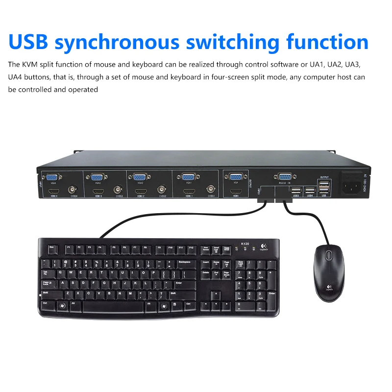 KVM HD 스위치 4x1 쿼드 멀티 뷰어, 4 in 1 Out HD BNC VGA TV 프로세서 화면 멀티 뷰어, 4 PC 공유 마우스 키보드용