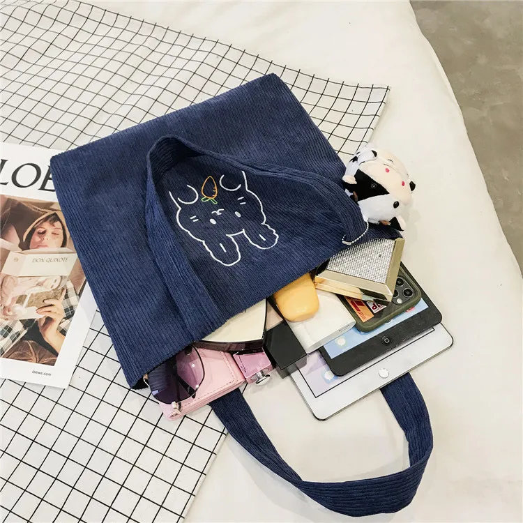 Hylhexyr Women Corduroy Handbag Cotton Canvas Zipper Shoulder Bag Large Capacity Cute Bear Casual Tote Female Tote Bags minimalist wallet