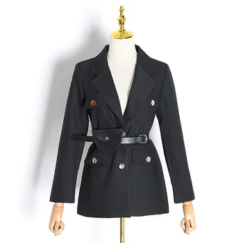 

New 2019 autumn winter women Khaki black long blazer notched collar black small bag belt elegant slim pocket blazers outerwear