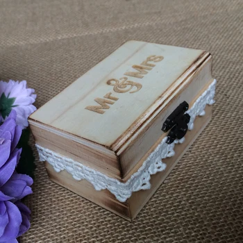 

Vintage Mr & Mrs Wooden Ring Holder w/ Cotton Lace Wedding Ring Bearer Box