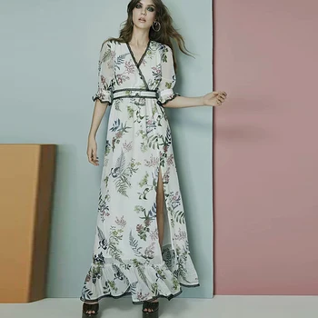 

Long Dress Gorgeous Runway High Quality New Women'S Fashion Party Casual Boho Beach Elegant Chic V-Neck Print Chiffon Dresses