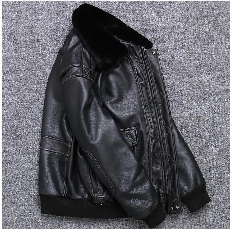 Черная мужская кожаная куртка пилота USAF, европейский размер XXL, шерстяное пальто с воротником из натуральной толстой воловьей кожи для русской зимы, пальто авиатора в стиле милитари